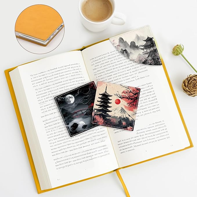 Japanese Landscape Corner Bookmarks, Anime Leather Book Accessories for Book Lovers, 3 Pcs Reading Book Page Markers for Women Men Student Teacher Retirement Birthday Gifts
