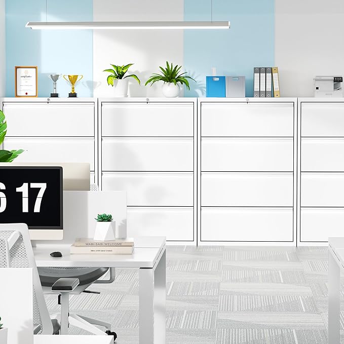 Crownland Lateral File Cabinet with 4 Drawers, 28" W Metal Lockable Office File Cabinets for Home Office- Stores Letter/Legal/A4/F4 Files(White)