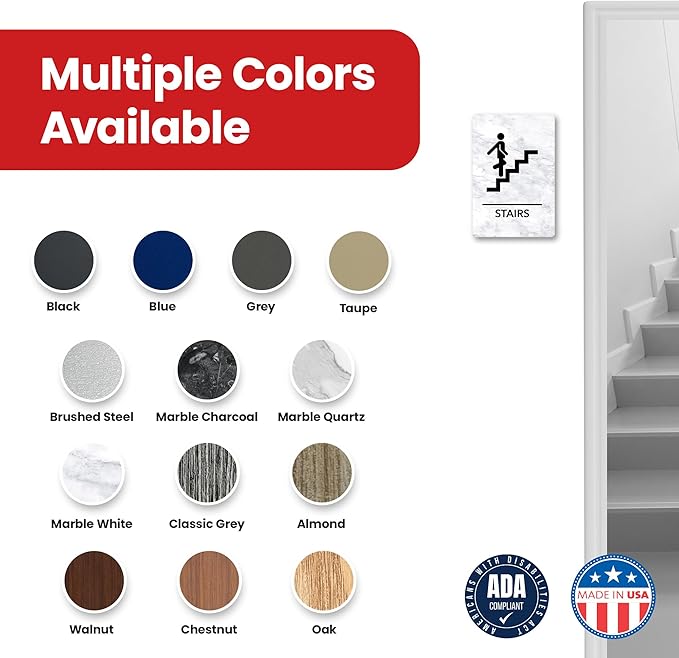 Promot Stair Sign – ADA Braille Stairway Sign for Business, Self-Adhesive, 9" x 6", Commercial Door Signage, Office Wall Decor - Marble White