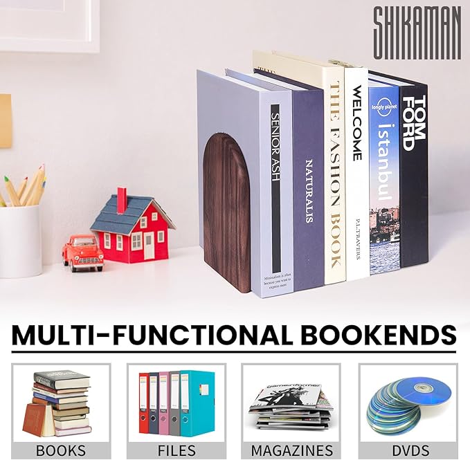 Book Ends,4 Pair Large Bookends Wood Book Ends Universal Economy Bookend (4, Large)
