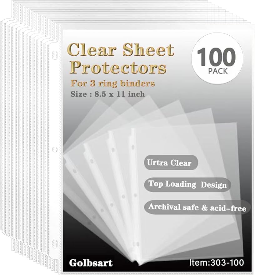 Sheet Protectors 8.5 x11 Inch, 100 Pack Page Protectors for 3 Ring Binder, Top Loading Plastic Sleeves with Reinforced 3-Hole Punch for Binders, Letter Size, for Documents and Photos, Office Supplies.