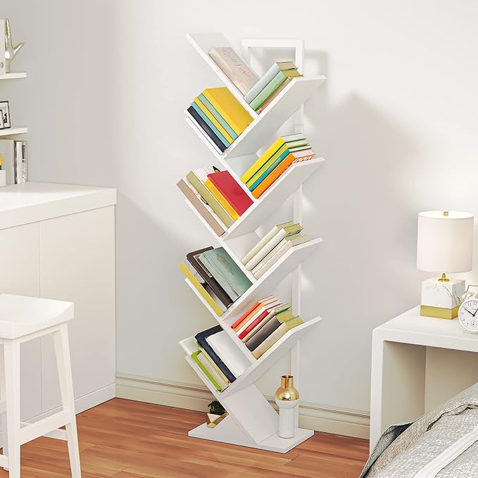 HOOBRO Tree Bookshelf, 9-Tier Bookcase Wooden Shelves, Floor Standing Storage Rack, for Display of CDs, Books in Living Room, Home Office, Wood Storage Rack for Bedroom, White WT08SJ01G1
