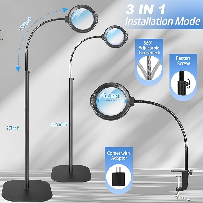 12X Large Magnifying Glass with Light and Floor Stand, Flexible Gooseneck Floor Lamp, 5.2" Lighted Magnifier Hands Free with 5 Color Mode 10 Adjustable Brightness, Clamp for Close Work,Sewing, Repair