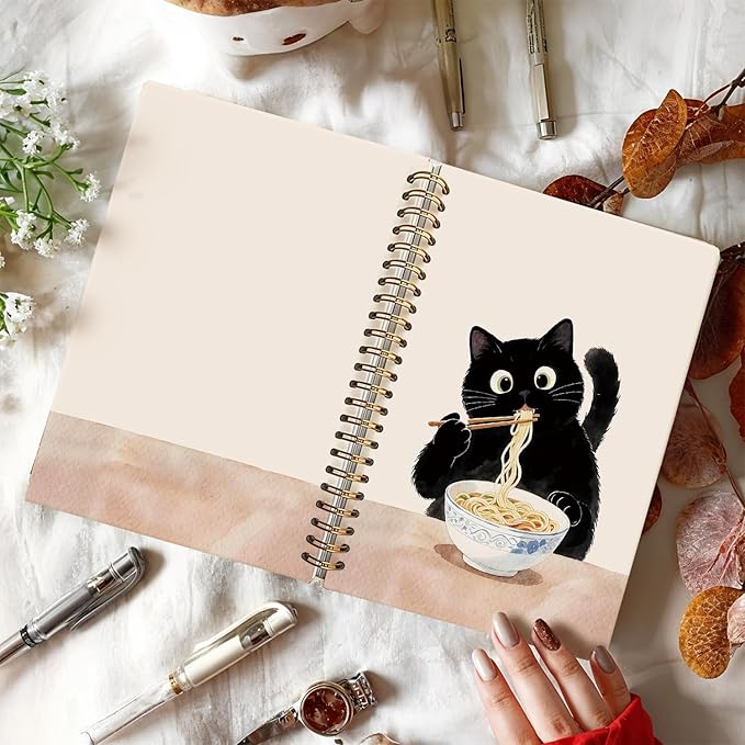 LIANHW Funny Black Cat Notebook, Cats Lover Gifts Notebooks for Note Taking, Cats Mom Lady Gifts Journal, Black Kitten Eat Noodles Journals for Writing, Cat Office Supplies, 5.5x8.3 Inch