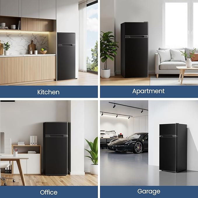 Kismile 4.5 Cu.Ft Mini Fridge with Freezer, Compact Mini Refrigerator with Adjustable Removable Glass Shelves,Small Fridge with 2 Doors for Home,Kitchen,Dorm,Apartmen, Black