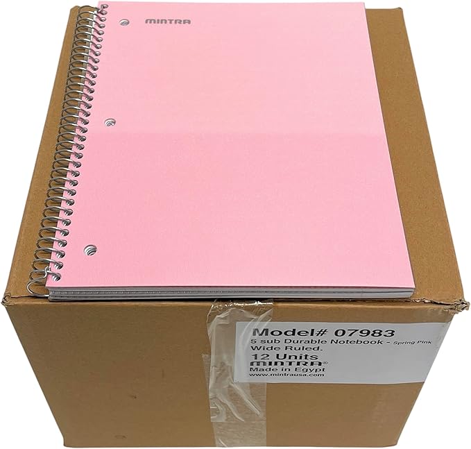 Mintra Office Durable Spiral Notebooks, 5 Subject (Spring Pink, Wide Ruled 12pk)