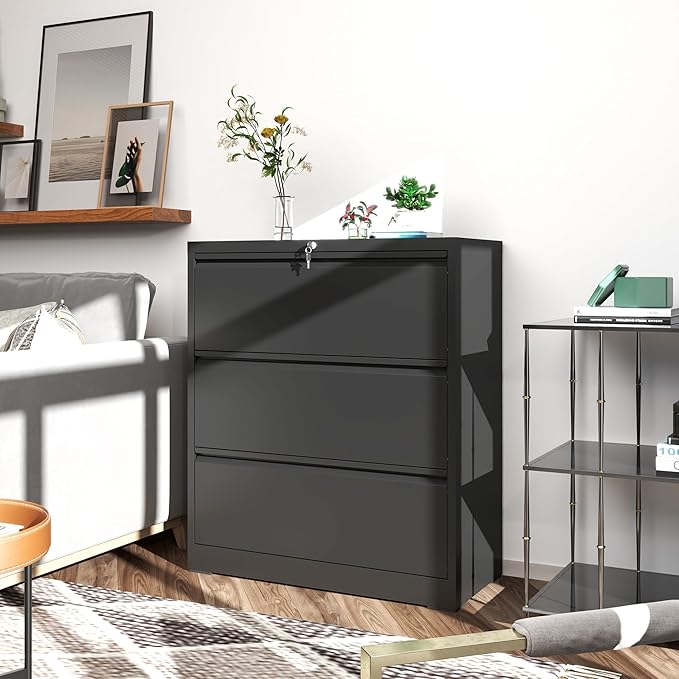 File Cabinets 3 Drawer,Metal Office Storage Filing Cabinet with Lock,Black Lateral Filing Cabinet for Home Office,Horizontal Locking File Cabinets for Legal/Letter/A4,Assembly Require,Black