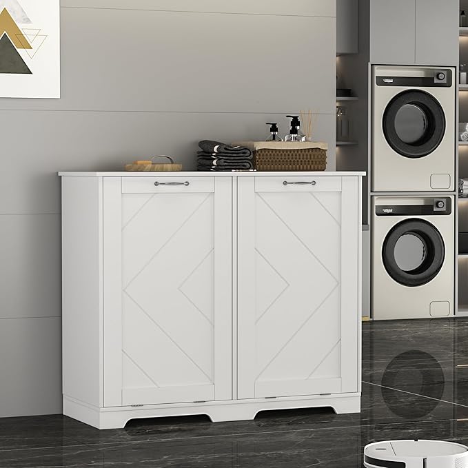 VECELO Double Tilt Out Kitchen Trash Bin Cabinet Dog Proof Garbage Can with Wood Holder Free Standing Recycling, White