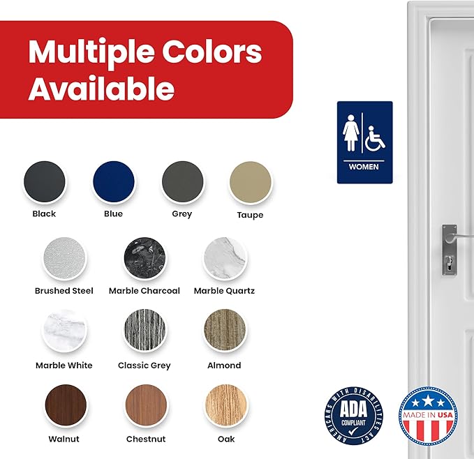 Promot Men and Women Handicap Restroom Sign – ADA Braille Bathroom Sign for Business, Self-Adhesive, 9" x 6", Commercial Door Signage, Office Wall Decor - Blue