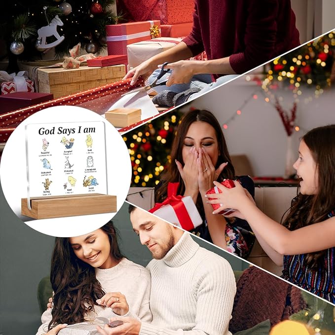 Pooh Bear Gifts for Women Christian Gifts Inspirational Gift God Says Pooh Clear Desk Decorative Sign Acrylic Sign With Wooden Stand for Office Desk Table Shelf