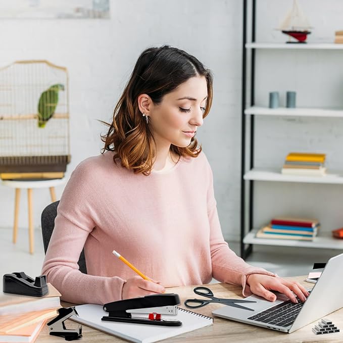 Black Office Supplies,UPIHO Black Desk Accessories,Stapler and Tape Dispenser Set for with Large Stapler,Tape Dispenser, Staple Remover, Staples, Clips,Scissor and Tabs,Gifts for Office Clerks