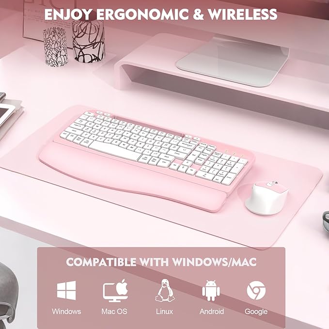 Wireless Keyboard and Mouse Combo, Wave Keys Full-Sized Ergonomic Keyboard with Cushioned Plam Rest, Phone Holder, Comfortable Natural Typing, 2.4G Cordless Set for Computer, Laptop, PC, Mac, Windows