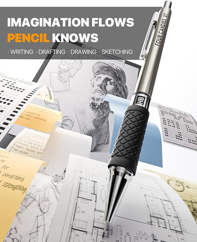 Four Candies Metal Mechanical Pencil Set - 6PCS 0.5mm Art Mechanical Pencils & 360PCS HB Lead Refills & 3PCS Erasers & 9PCS Eraser Refills, Drawing Mechanical Pencils for Writing, Sketching-With Case