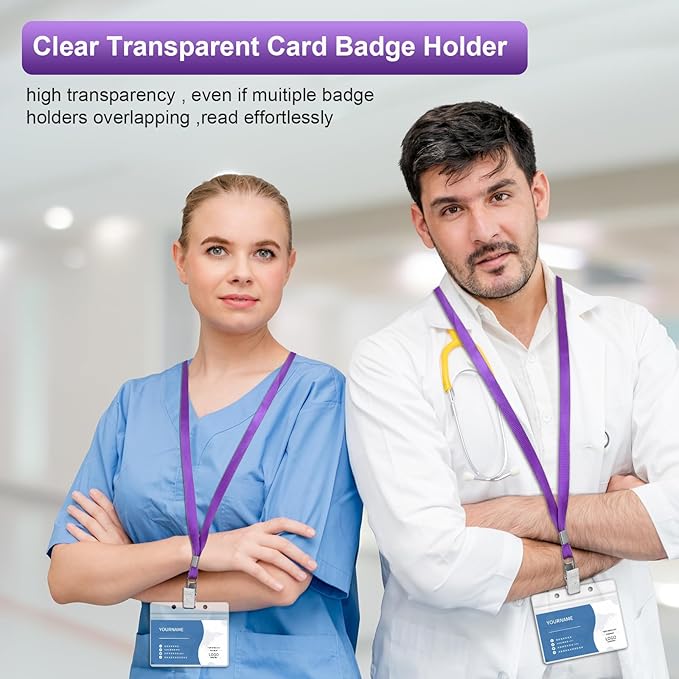 100 Pcs Lanyards for ID Badges and 100 Pcs Clear Name Tag Holders Reusable Lanyard with Clip Plastic ID Card Badge Holder Name Badges for Adults Kids Business School Office Supplies (Purple)