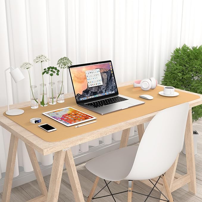 Hsurbtra Desk Pad, 35.5" x 17" PU Leather Desk Mat, XXL Extended Mouse Pad, Waterproof Desktop Blotter Protector, Non-Slip Ultra Thin Large Laptop Keyboard Writing Mat for Office Home, Earth Yellow