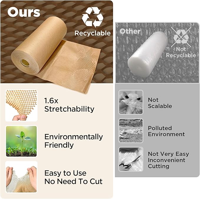 Honeycomb Packing Paper, 12"x100' Brown | Perforated Honeycomb Packing Paper Recyclable Moving Supplies for Shipping & Moving | Plastic-Free Alternative to Bubble Cushion Wrap with 36 Fragile Stickers