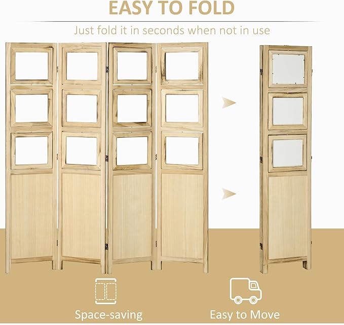 NicBex Room Divider 4 Panel Room Dividers with Photo Frames and Cardstocks Partition Room Dividers and Folding Privacy Screens 5.6 FT Wall Divider for Room Separation,63" W x 0.75" D x 67" H, Natural