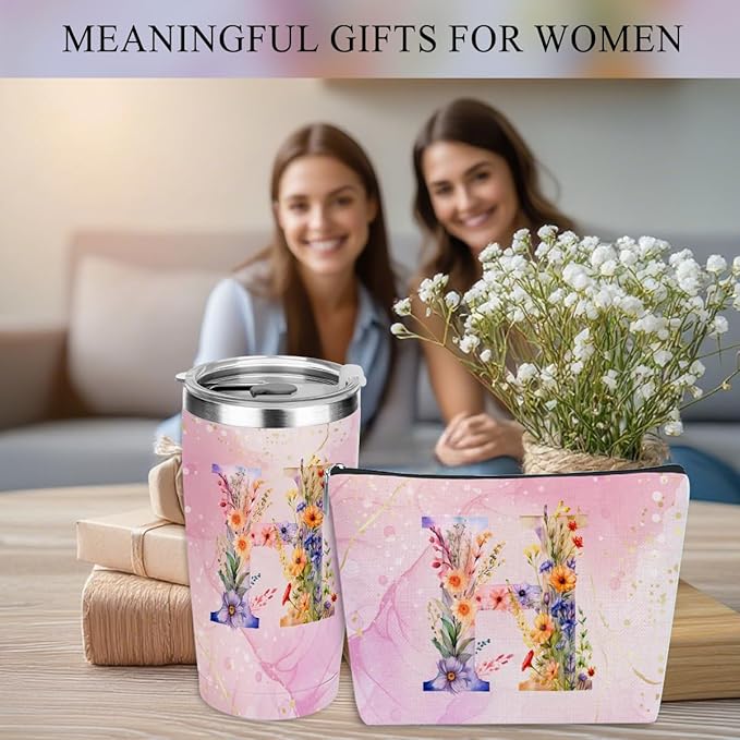 Personalized Gifts Monogrammed Birthday Gifts for Women, Bridesmaid Bachelorette Party Christmas Initial 20 oz Tumbler, Makeup Bag Cup Ballpoint Pens Journal Notebook 6 Set, (Aesthetic Pink Flower H)