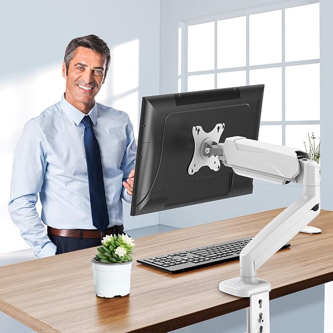 MOUNTUP Single Monitor Desk Mount, Adjustable Gas Spring Monitor Arm Support Max 32 Inch Screen, Computer Monitors Stand with Clamp/Grommet Mounting Base, VESA Mounts Fit 4.4-17.6lbs Computer, White
