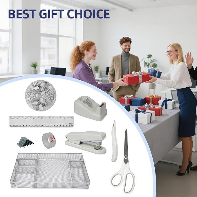 Office Desk Accessories, Desk Organizers and Accessories, Stapler and Tape Dispenser Set Metal Storage Box,Stapler,Staple Remover,Paper Clips,Ruler,Scissors.Suitable for Office and Study Use,White