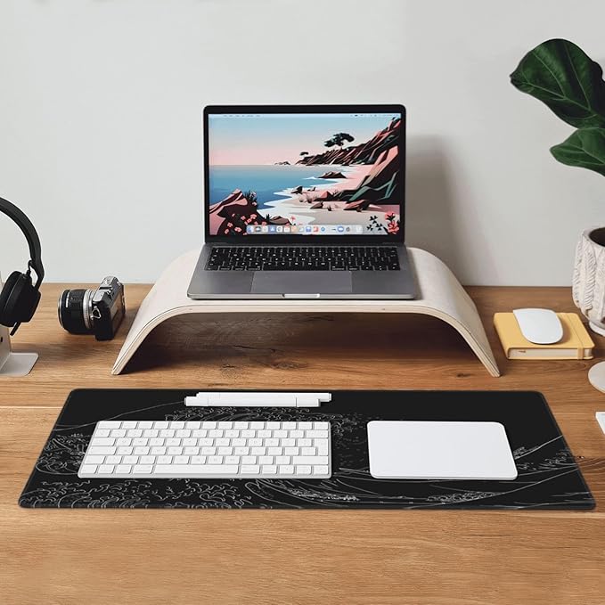 Japanese Sea Wave Large Mouse Pad, Anime Black Gaming, Extended Kanagawa Mat Desk Pad, 3mm Thick Long Non-Slip Rubber Base Mice Pad, 31.5 X 11.8 Inch