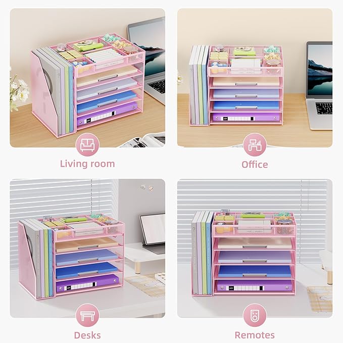 Marbrasse 5-Tier Desk Organizer with File Holder,Paper Letter Tray Organizer,Desktop File Organizer with Adjustable Compartments,Mesh Desk Organizers and Accessories for Office Supplies,Pink
