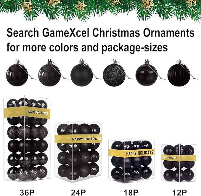 Black 1.6" Small Christmas Balls Christmas Tree Decoration Ornaments Shatterproof Hanging Balls for Birthday Halloween Holiday Wedding Decorations Set of 24pcs