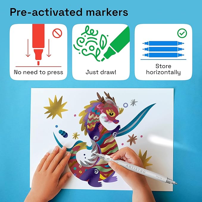 ARTISTRO 2 Silver&Gold Dual-Tip Acrylic Paint Pens - Multisurface Markers for Fabric, Plastic, & More, 1 mm Fine & Brush Tips