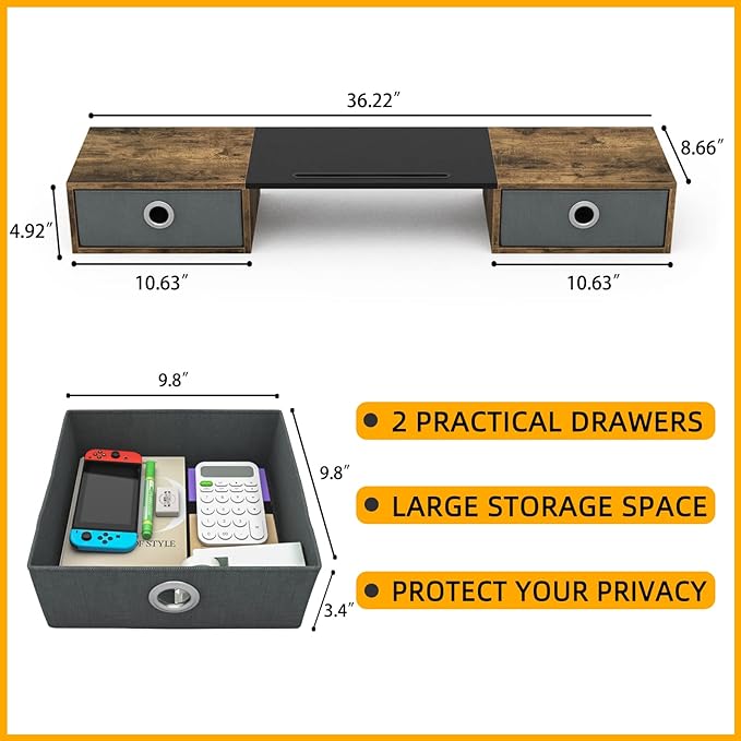 WESTREE Dual Monitor Stand Riser with Two Drawers, Extra Large Storage for 2 Monitors, Desktop Oraganizer Computer,Laptop,Screen,Printer,TV