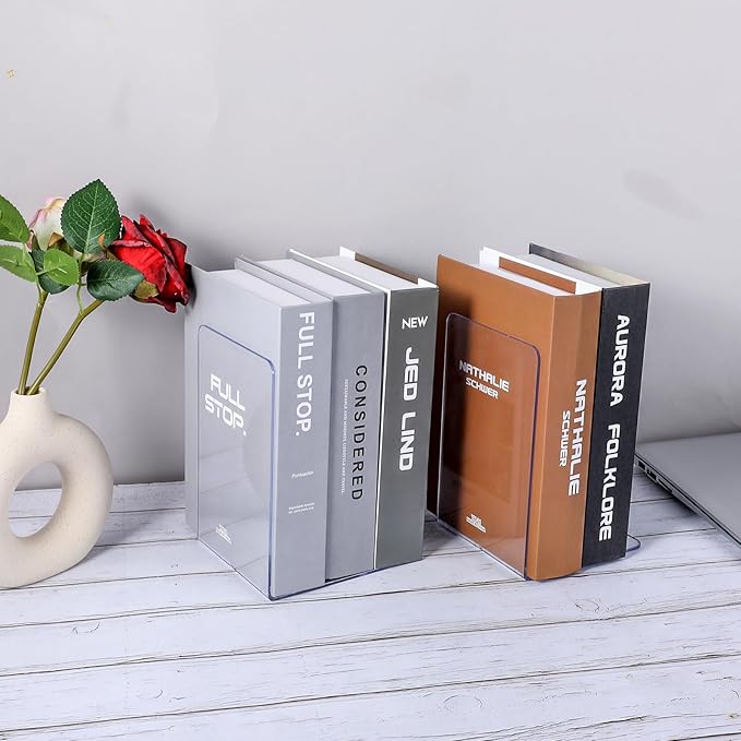 12Pcs Clear Bookends for Heavy Books,Acrylic Book Shelf Organizer for Desk,Plastic Heavy Duty Book Holders Standand Invisible Bookshelf Dividers Decorative,Suitable for Office Home Weighted Bookends