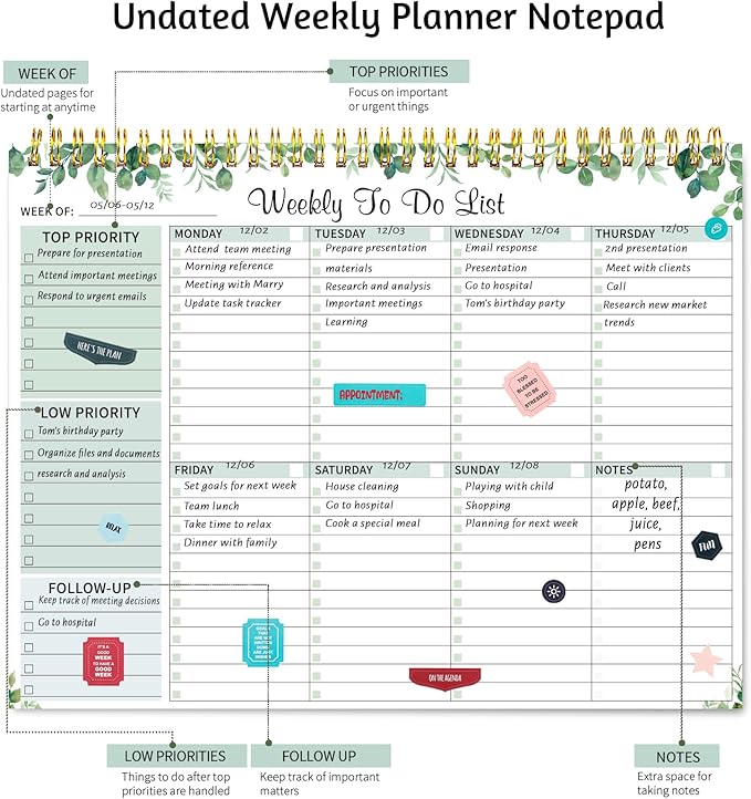Thboxes 52 Sheets Weekly To Do List Notepad, 8.5" x 11" Efficiently Plan Weekly Task List Notepad for Student Work Home Office School Improve Focus and Efficiency Weekly Planner Green