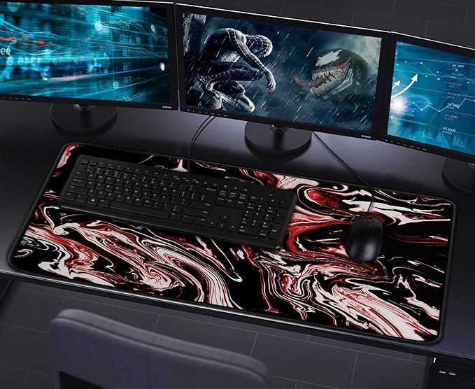 Large Extended Mouse Pad with Stitched Edges, Durable Non-Slip Natural Rubber Base, Waterproof Computer Keyboard Pad Mat for Esports Pros/Gamer/Desktop/Office/Home - Marble Red