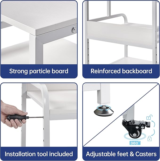 Printer Stand, 25.6" x 23.6" x 30.9" Extra Large Printer Table with Adjustable Storage Shelf, 3 Tier Rolling Printer Cart with Industrial Wheels for Home Office, White
