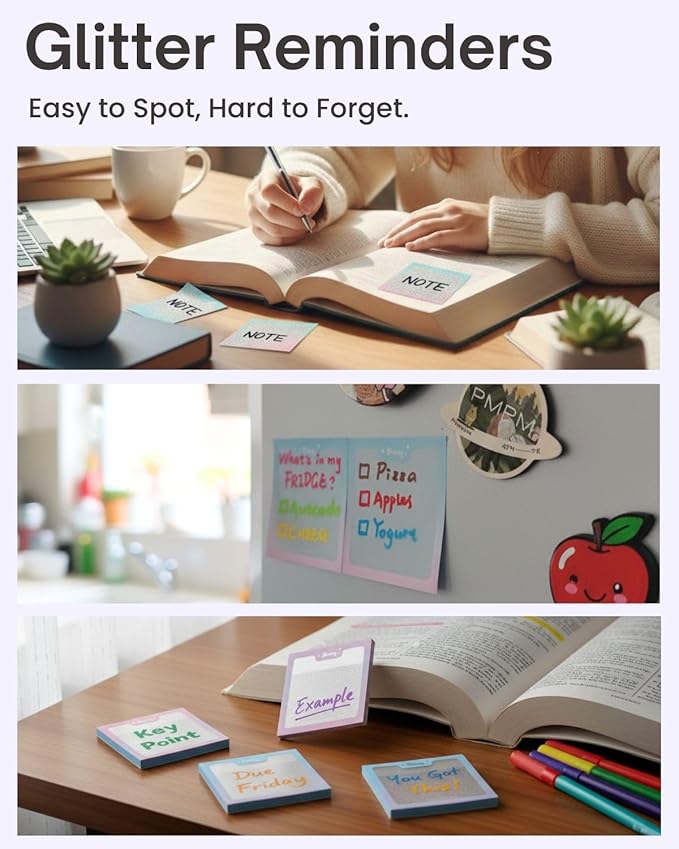 200pcs Glitter Sticky Notes, Transparent Sticky Notes with Pink Blue Iridescent Edge, Cute Self-Adhesive Memo Pads for Office, School & Home Stationery (4 pack-50pcs/1pack)