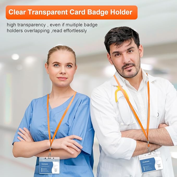 100 Pack Lanyards for ID Badges with Clear Name Tags, Reusable Lanyards Horizontal ID Card Badge Holders Plastic Name Badges for Men Women Kids Business School and Office Supplies (Orange)