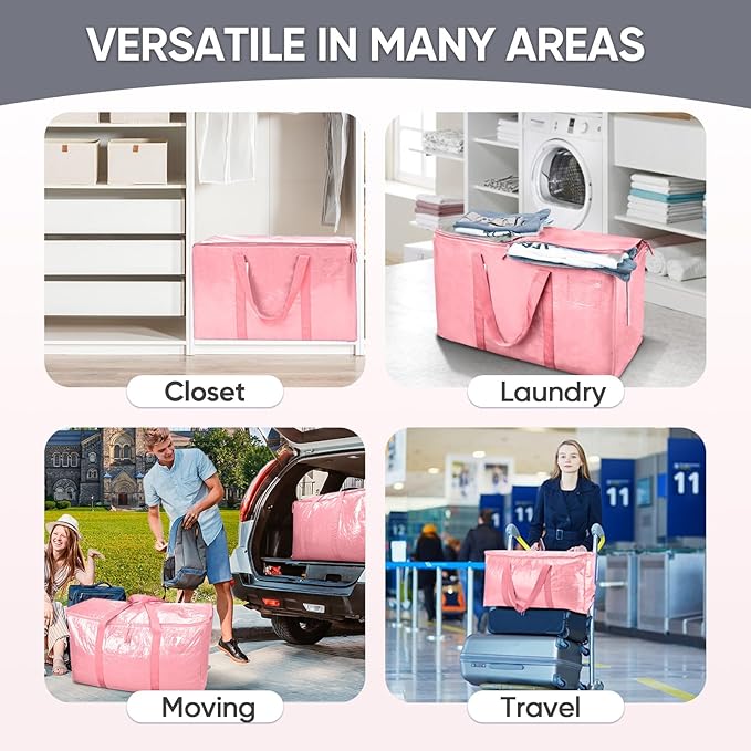 TICONN 4 Pack Extra Large Moving Bags with Zippers & Carrying Handles, Heavy-Duty Storage Tote Moving Boxes for Space Saving (4 Pack, Coral)