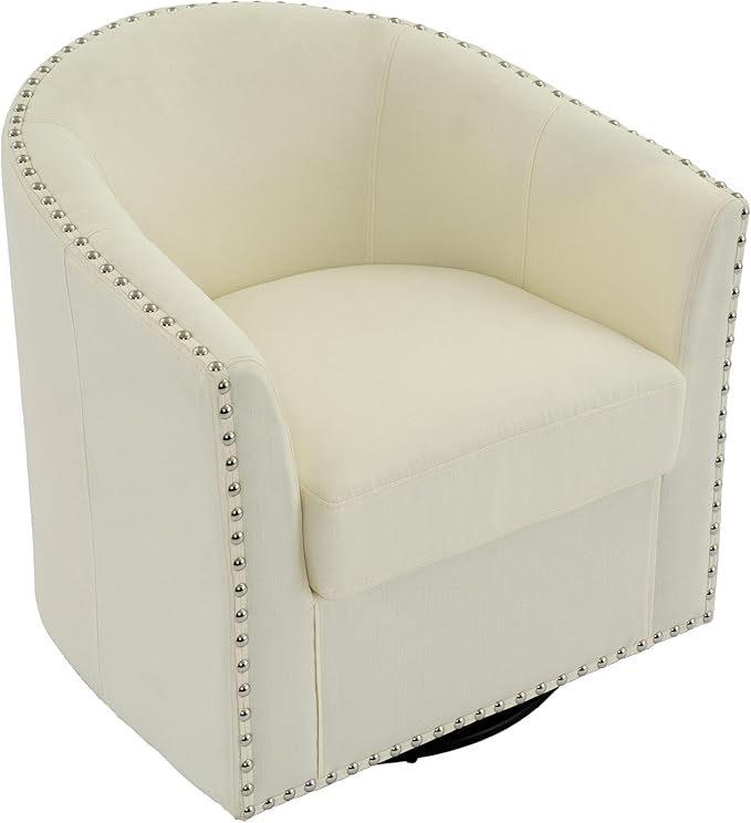 UIXE 360° Swivel Barrel Accent Chair Set of 2, Modern Upholstered Arm Chair Round Club Armchair, Nailhead Trim Single Sofa Seating in Fabric for Living Room - White