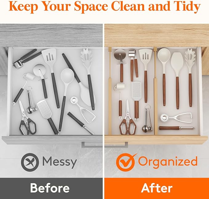 Lifewit 4 Pack Drawer Dividers Bamboo 2.4" High, 12-17" Adjustable Drawer Organizers for Clothes, Wooden Dresser Separators in Bedroom/Bathroom/Kitchen/Fridge/Office Organization and Storage