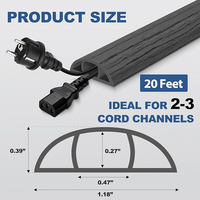Floor Cord Cover for Wires on Floor Self Adhesive Cord Hider Floor Cable Management Wire Covers for Cords Protector Prevent Cable Trips Cord Cavity W 0.47" x H 0.27", Deep Gray Wood, 20Ft