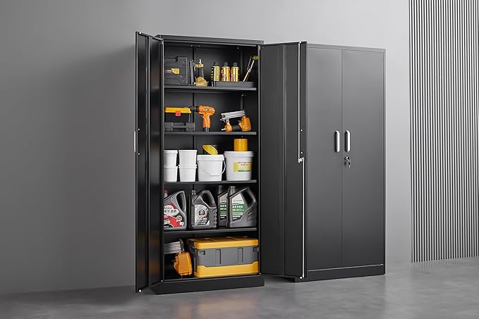 Metal Storage Cabinet with Adjustable Shelves, Garage Cabinet with 2 Lockable Doors, Garage Storage Cabinet, Kitchen Pantry Cabinet - 71'H, Black