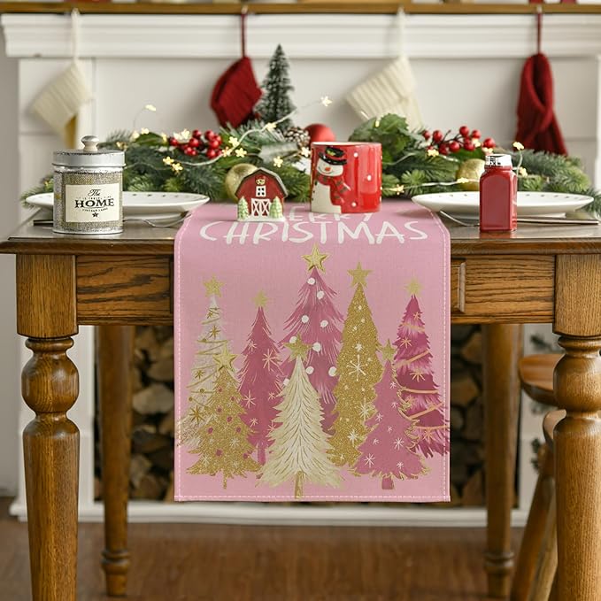 Artoid Mode Xmas Trees Snowflakes Pink Merry Christmas Table Runner, Winter Seasonal Kitchen Dining Table Decoration for Home Party Decor 13x90 Inch