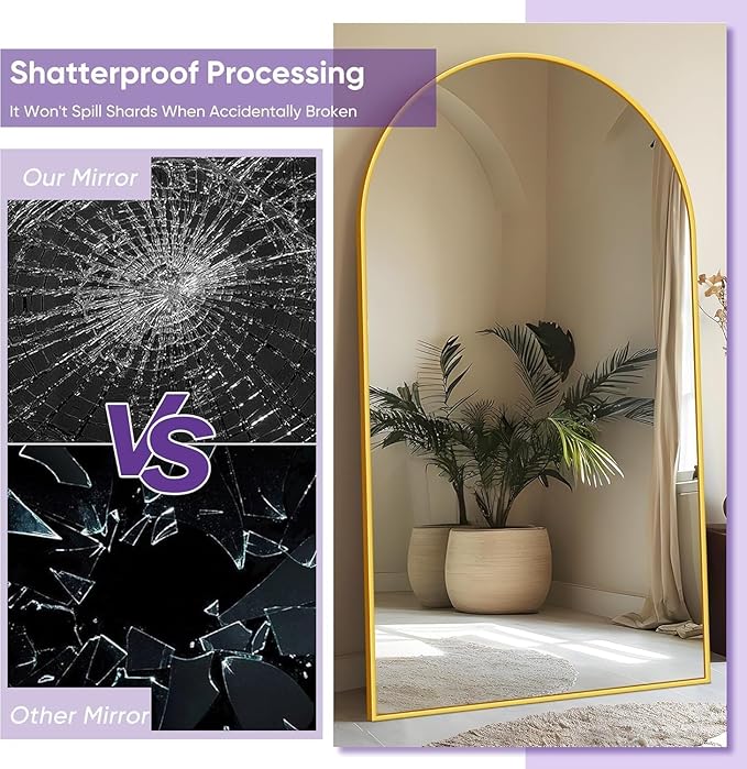 Full Length Mirror, 91"x46" Oversized Floor Mirror Freestanding, Full Body Floor Standing Mirrors with Stand, Hanging Mounted for Bedroom Living Room, Gold, Arched Style