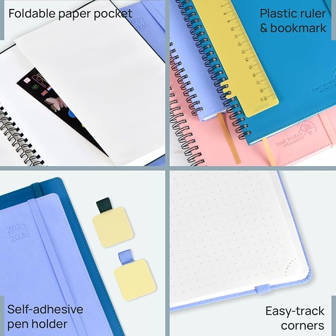 POPRUN 2025-2026 Weekly Planner 7.25'' x 8.25''Academic Spiral Appointment Book (July 2025-June 2026) with Quarter-Hourly Schedule, Monthly Tabs, Leather Softcover, Inner Pocket - Soft Pink