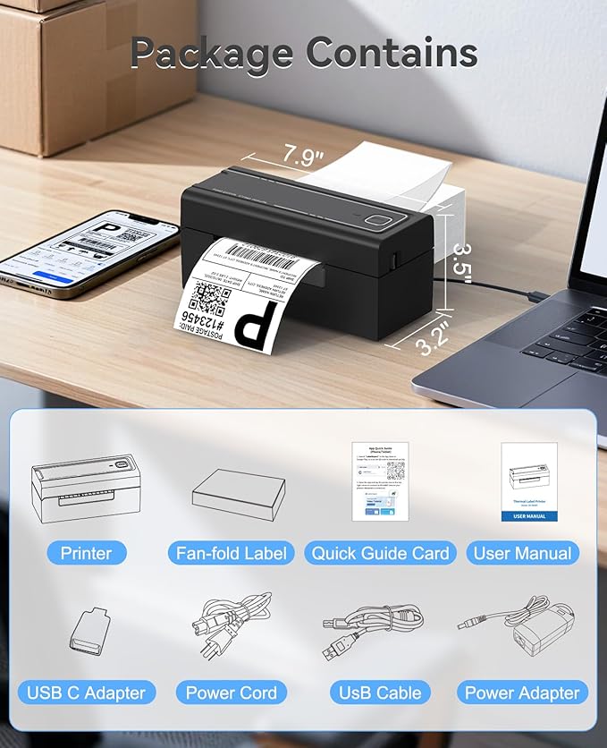 Bluetooth Thermal Label Printer, Wireless 4x6 Shipping Label Printer for Small Business, High-Speed Thermal Printer Compatible with Android, iOS & Windows for Amazon, Ebay, Shopify, USPS