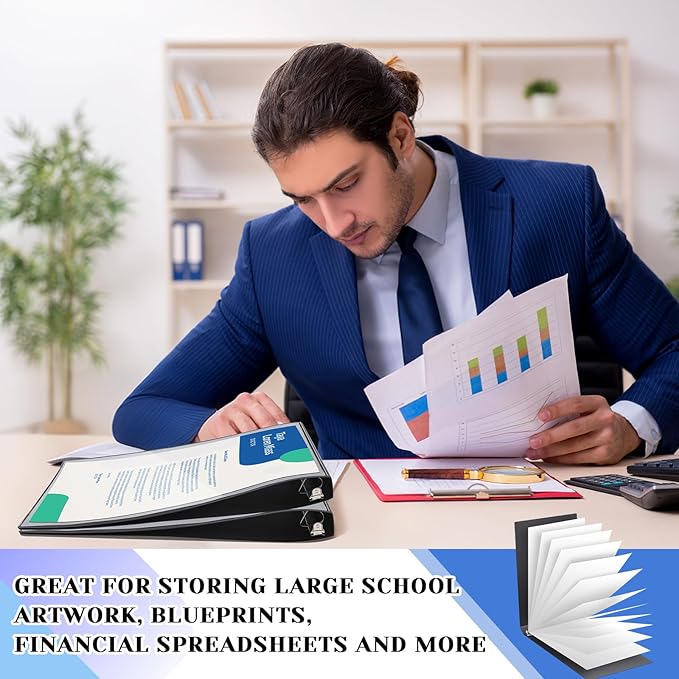 4 Pcs 11 x 17 Inch View Binders with Cover Pocket 2 Inch 3 Rings Heavy Duty View D Ring Binders Economy Holds 11" x 17" Paper for Artwork Blueprints, Office, Home, Work Places (Black)