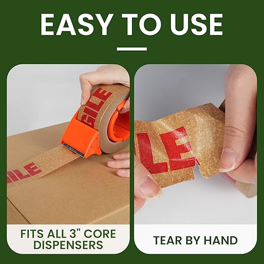TAPEBEAR Fragile Tape Eco-Friendly Kraft Paper Tape 2Inch x 55Yard, Biodegradable Packaging Brown Paper Tape Self Adhesive Box Tape for Small Business, Shipping, Sealing, Moving, 3Rolls