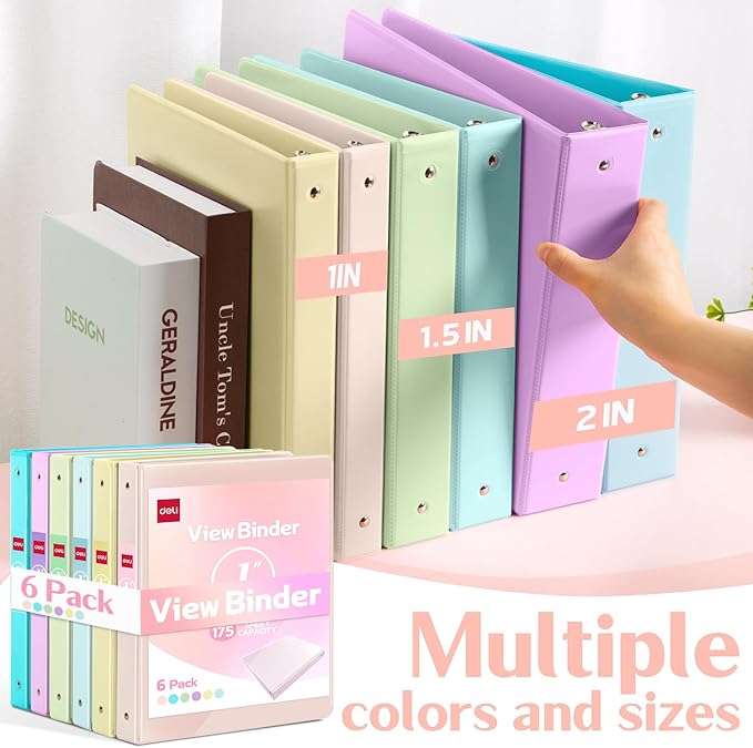 Deli 1-inch 3 Ring Binder with 2 Interior Pockets, 175 Sheets Capacity, 1 inch Binders fits 11" x 8.5" US Letter Size, Assorted 6 Pastel Colors, 6 Pack