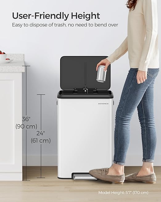 SONGMICS Kitchen Trash Can, 10.5-Gallon (40L) Garbage Can with Lid and Wide Foot Pedal, Soft Close and Stays Open, White ULTB541W40