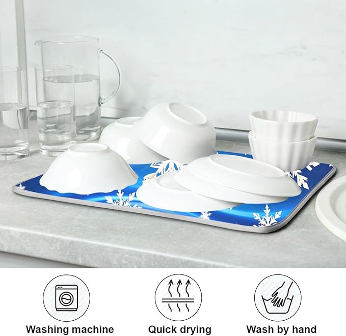 Christmas Blue Snowflakes Dish Drying Mat for Kitchen Counter 18 x 24 Snow Flakes Microfiber Dry Dishes Mats Drainer Mat Dish Drying Pad for Countertops