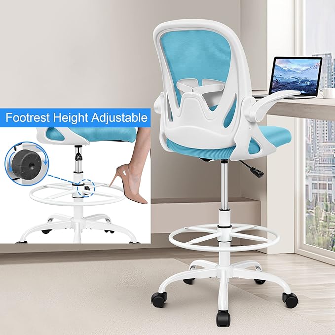 Primy Drafting Chair Tall Office Chair with Flip-up Armrests Executive Ergonomic Computer Standing Desk Chair with Lumbar Support and Adjustable Footrest Ring(Blue)